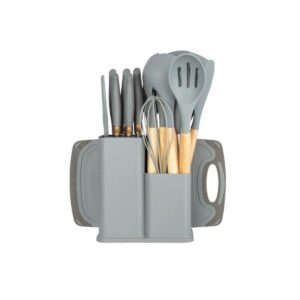 Set ustensile bucătărie 19 piese, cuțite oțel inoxidabil, accesorii silicon, culoare gri