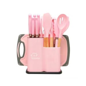 Set ustensile bucătărie 19 piese, cuțite oțel inoxidabil, accesorii silicon, culoare roz