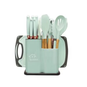 Set ustensile bucătărie 19 piese, cuțite oțel inoxidabil, accesorii silicon, culoare verde