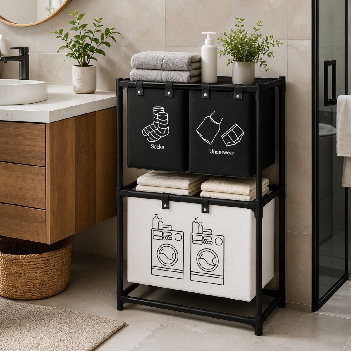 Raft pentru baie cu 3 coșuri de rufe și 2 polițe, structură metalică, design compact - imagine 2